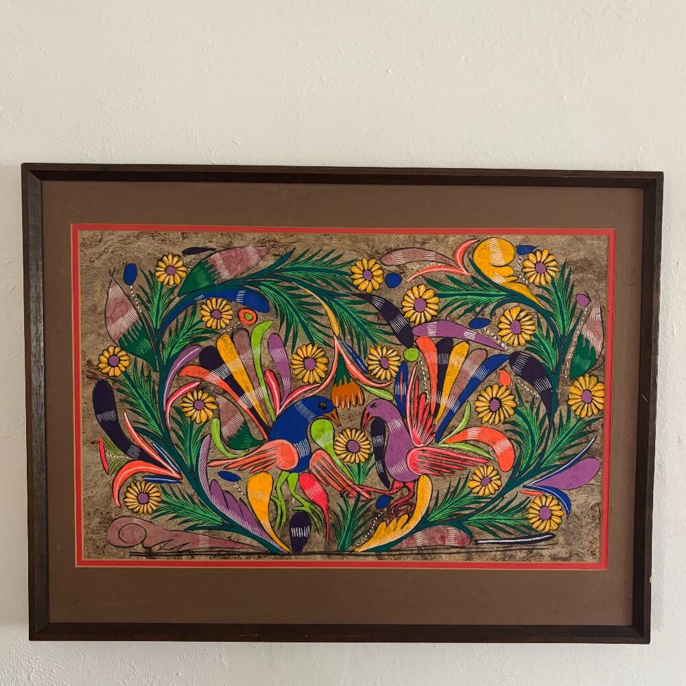 Vintage 1960s 25"x19" Framed Mexican Folk Art Painting on Bark Paper – Colorful